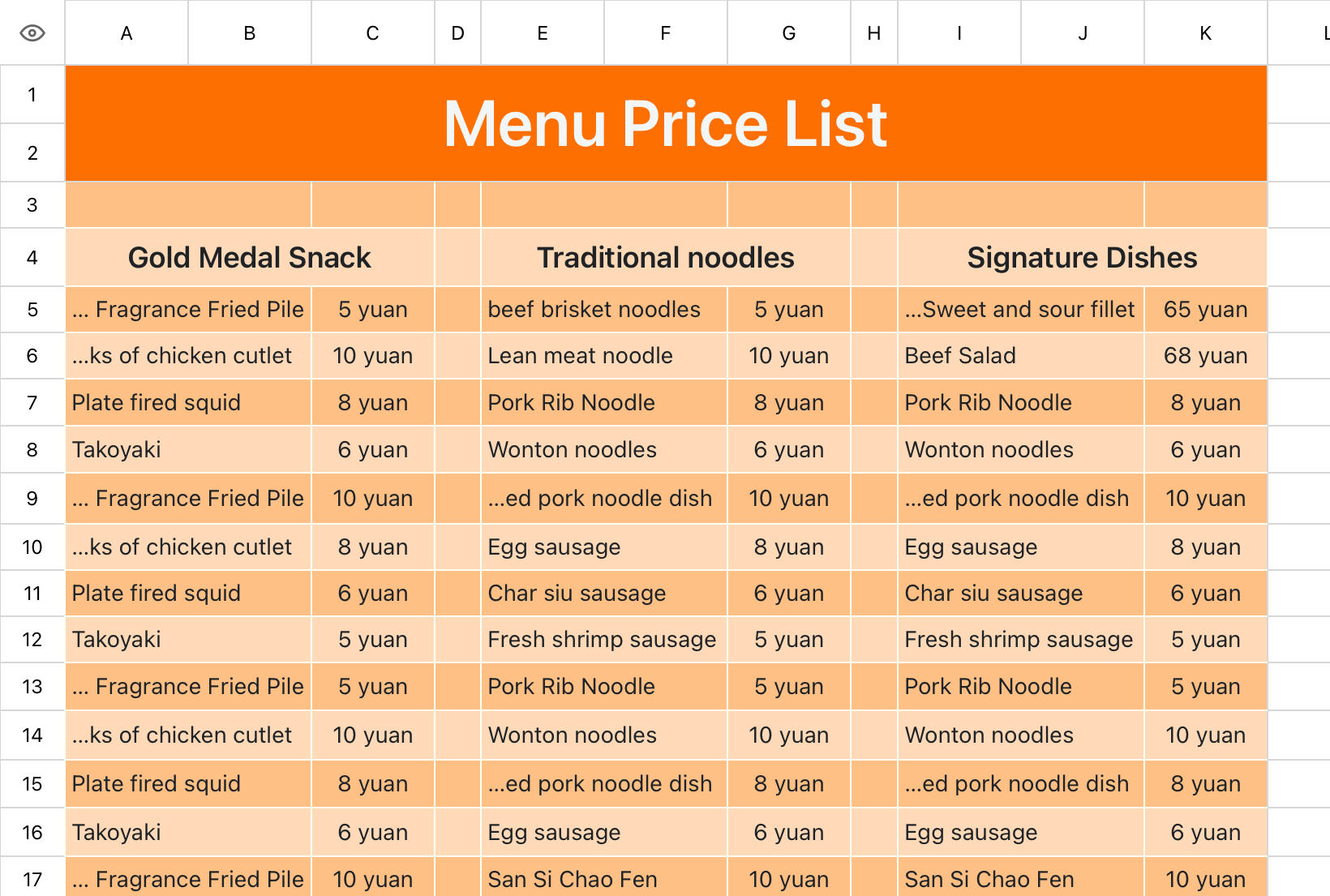 Food menu price list